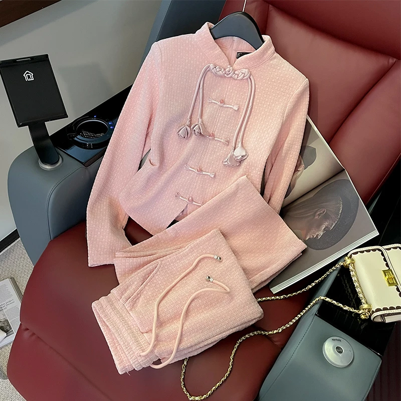时尚套装2024女秋季新款新中式国风盘扣修身上衣阔腿裤休闲两件套