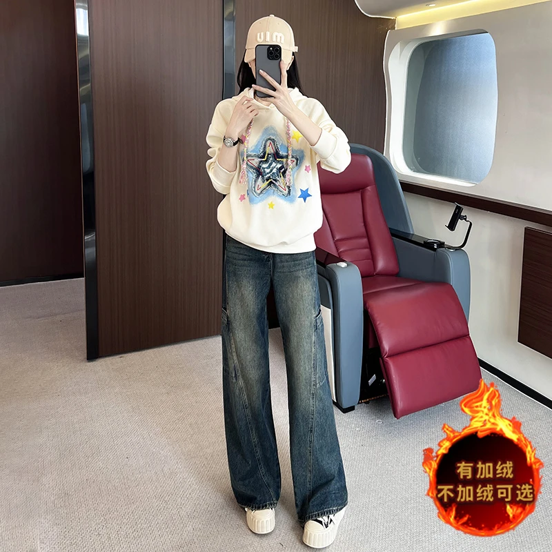 休闲运动套装女秋冬宽松慵懒显瘦加绒超好看连帽卫衣牛仔裤两件套