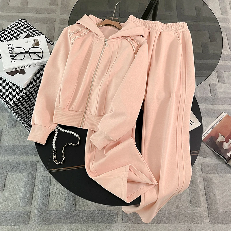 欧货时尚洋气运动套装女秋季新款连帽拉链开衫外套阔腿卫裤两件套