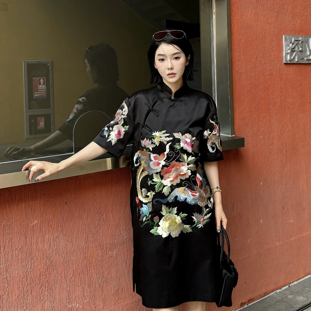 【牡丹彩蝶】新中裳-深圳原创高定新中式国风丝线刺绣连衣裙26739