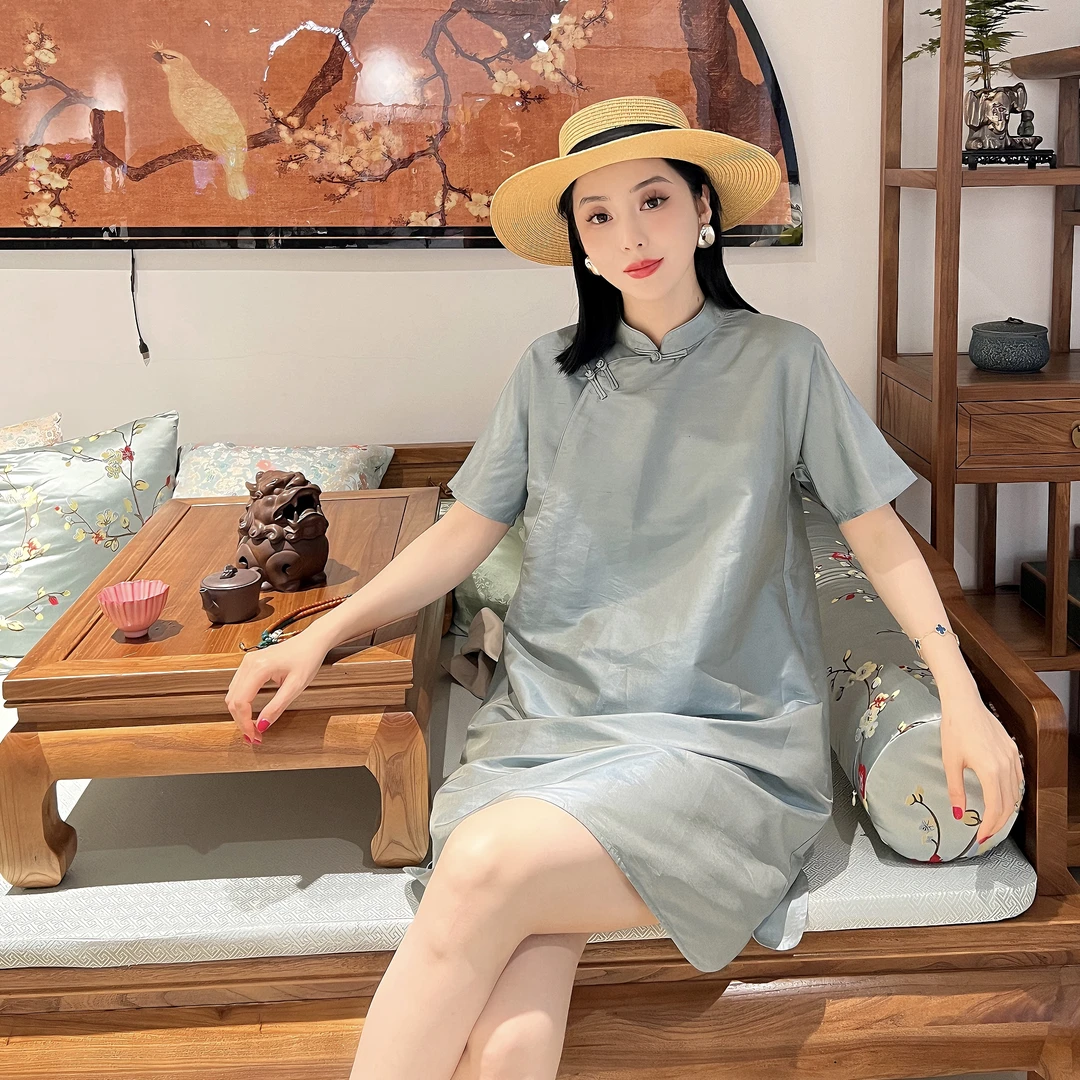 新中裳（天河）新中式国潮国风复古双宫丝旗袍夏季宽松连衣裙