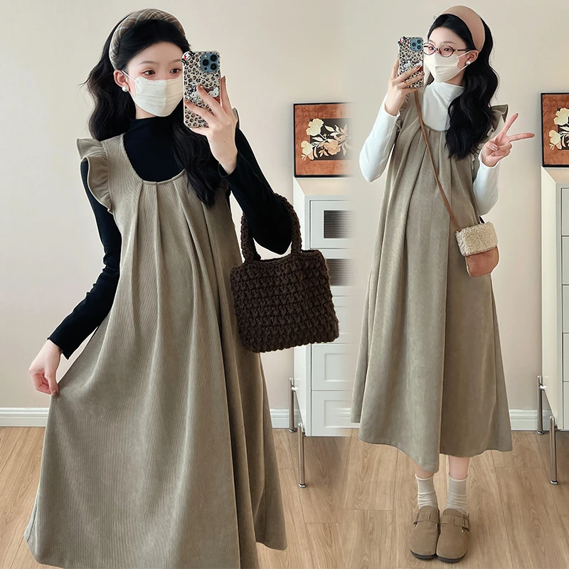 孕妇装春秋装套装时尚宽松大码宽松孕妇背心裙+打底衫两件套春季