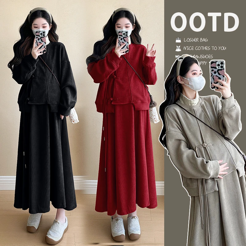 新中式国风孕妇半身裙套装时尚秋冬季加绒加厚上衣+裙子两件套