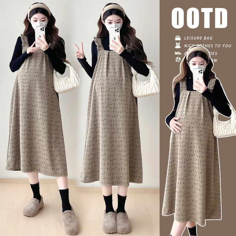 秋冬孕妇装时尚套装韩版上衣+背带裙中长款孕妇连衣裙大码两件套