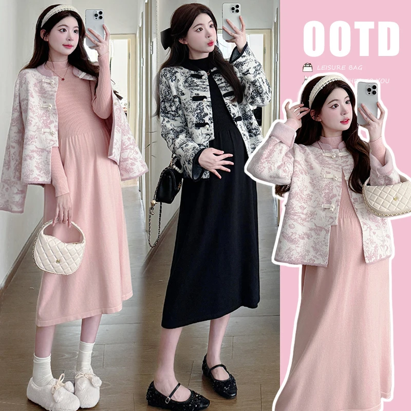 秋冬孕妇装时尚套装新中式外套+洋气孕妇毛衣连衣裙宽松两件套