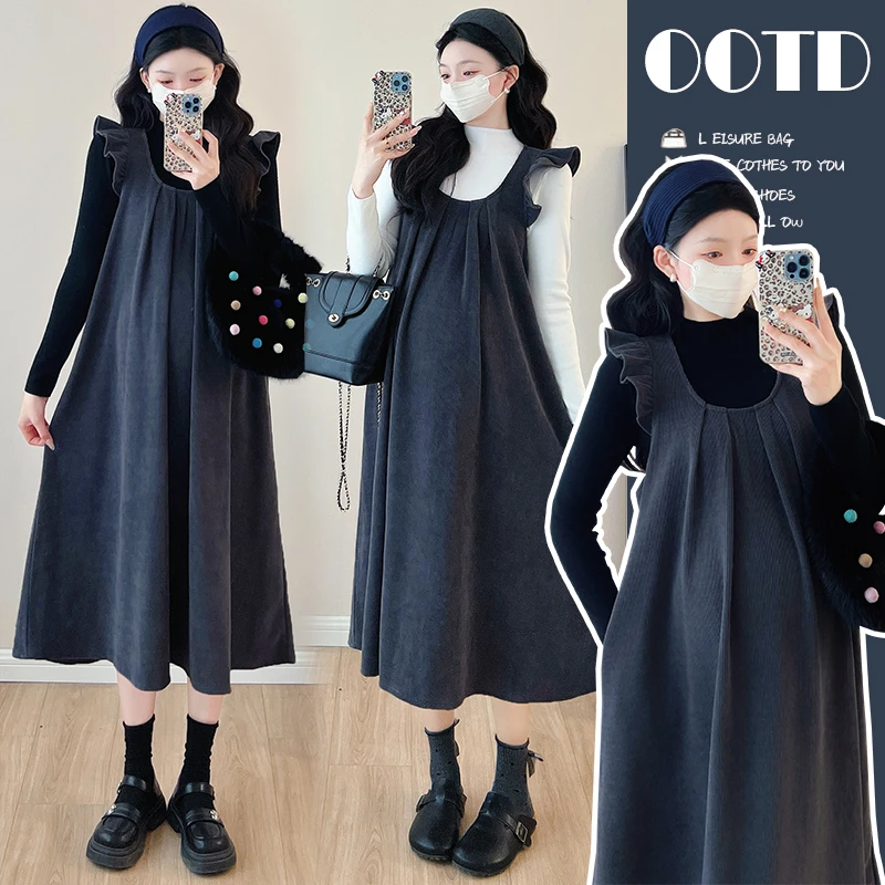 孕妇装秋冬装套装时尚宽松大码加厚孕妇背心裙+打底衫两件套冬季