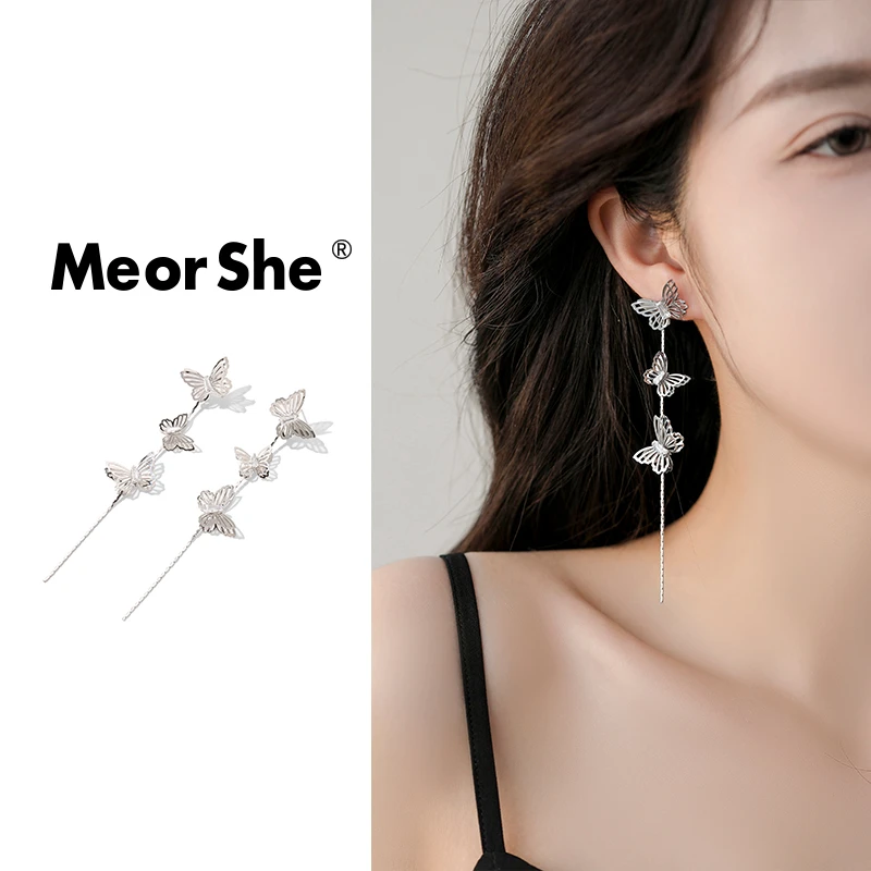MeorShe 铜合金耳饰 复古立体镂空蝴蝶流苏ins耳坠气质长款设计感