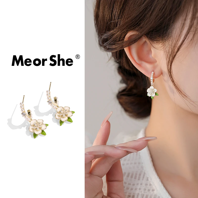 MeorShe 铜合金耳饰 复古山茶花耳环女2024年新款高级感轻奢耳饰