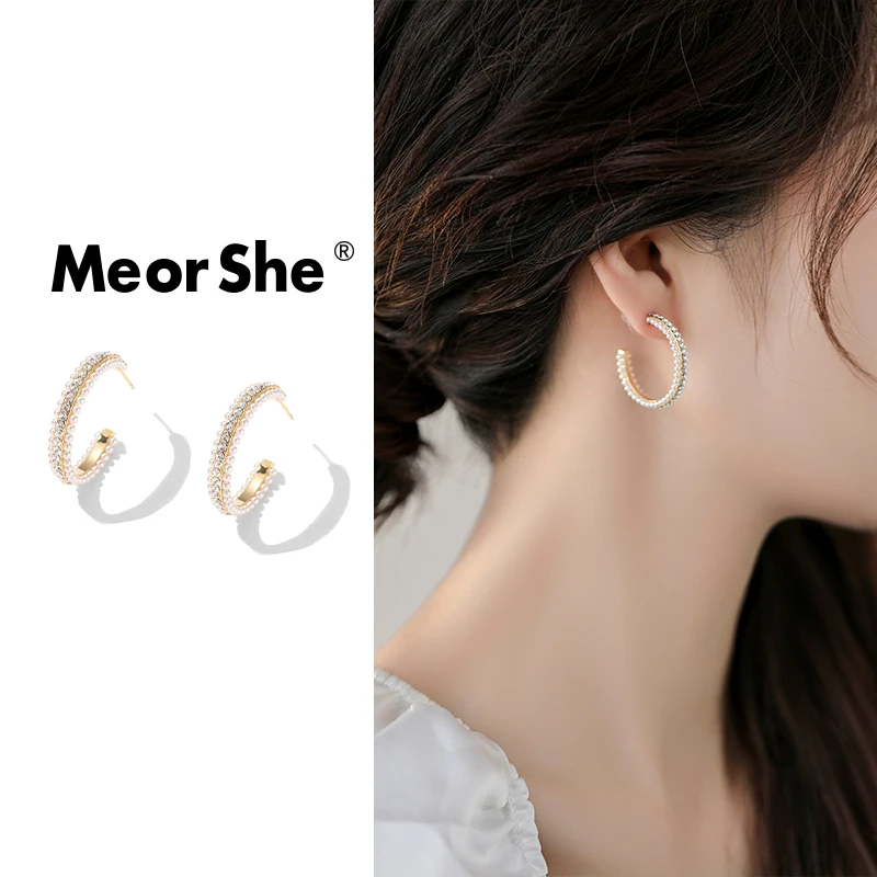 MeorShe 铜合金合成锆石耳饰 C型潮流圆形简约大气时尚百搭耳环