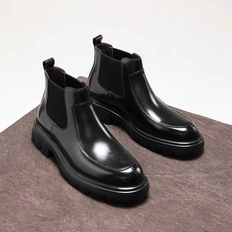 英伦风切尔西靴男真皮商务休闲短靴厚底高帮皮鞋超轻时尚马丁男靴
