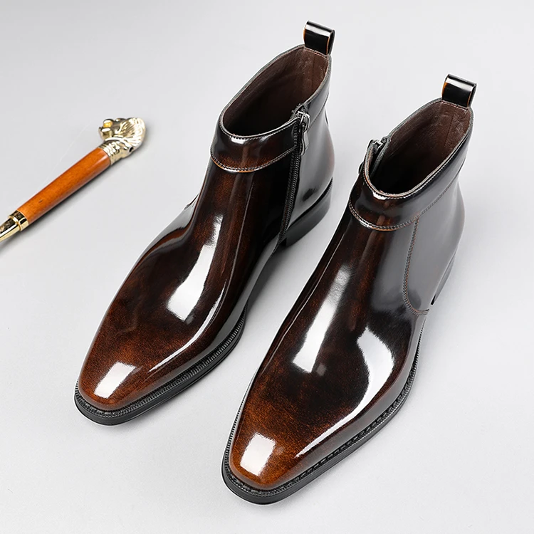 上档次真皮尖头英伦切尔西靴男亮皮加绒皮鞋拉链短靴男士马丁皮靴