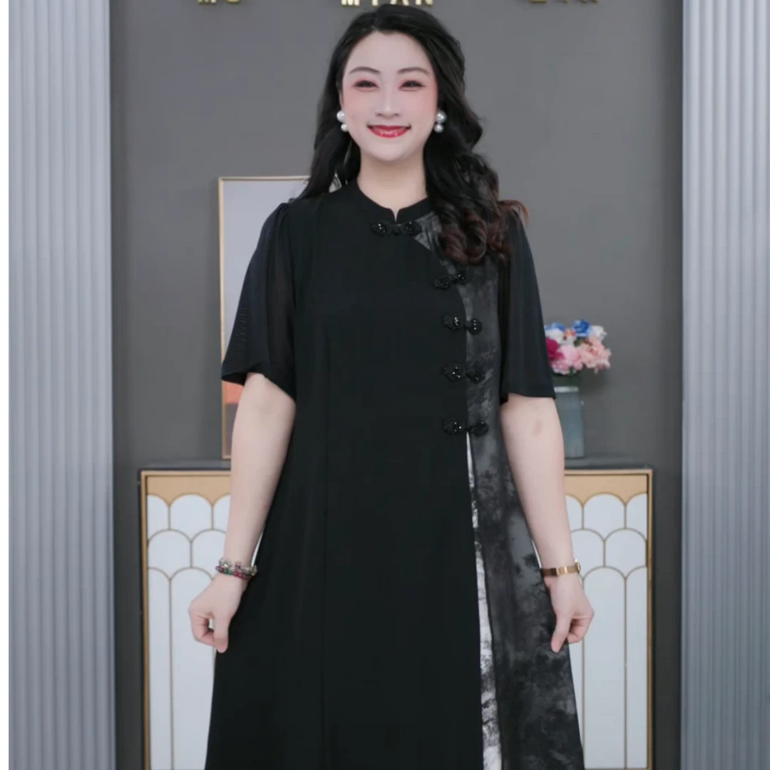 木棉林大码女装显瘦百搭遮肉时尚洋气减龄短袖古风连衣裙ZB5869