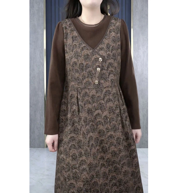 大码女装冬季长袖洋气时尚显瘦遮肚气质假两件宽松遮肚裙231002