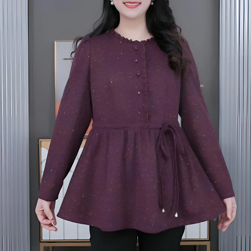 大码女装上衣长袖百搭时尚洋气宽松遮肉圆领中长款秋冬新款ZB6364