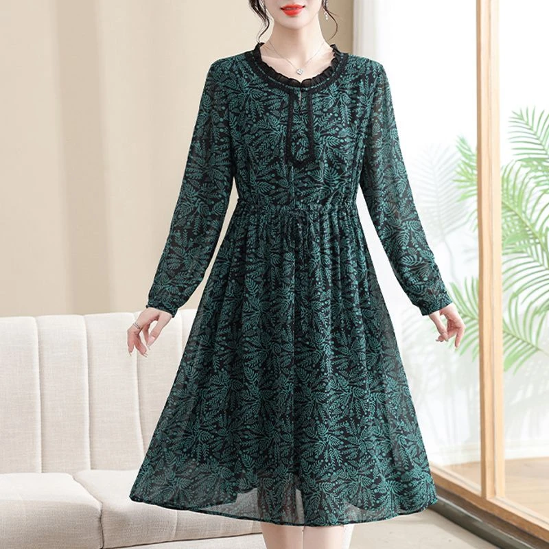 大码女装过膝气质时尚妈妈装长袖抽绳宽松连衣裙宽松遮肚裙230671