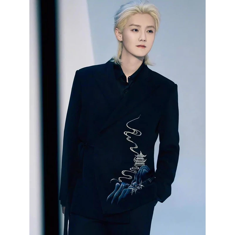 鹿晗同款设计师系带无扣西装高级感新中式渐变刺绣新中式西装男士