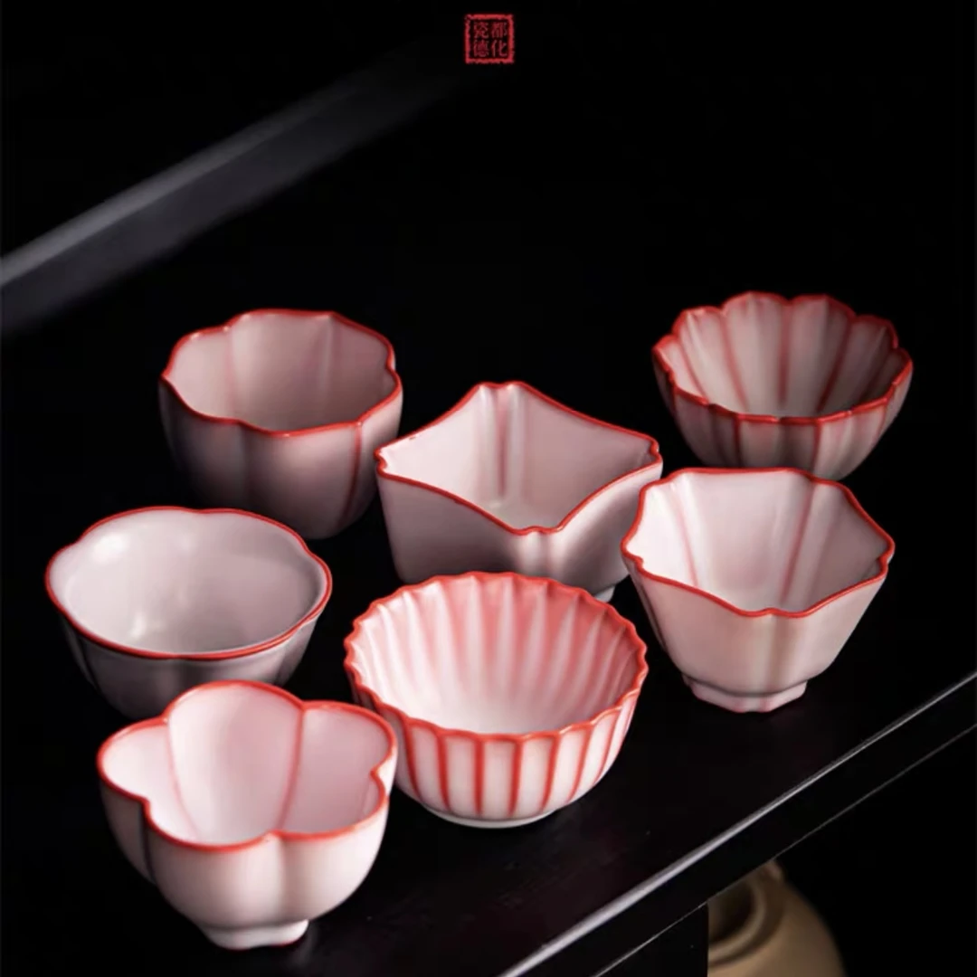 猪油冻红胎汝窑女士茶杯品茗杯主人杯花瓣杯盏个人粉色佳人莲花杯