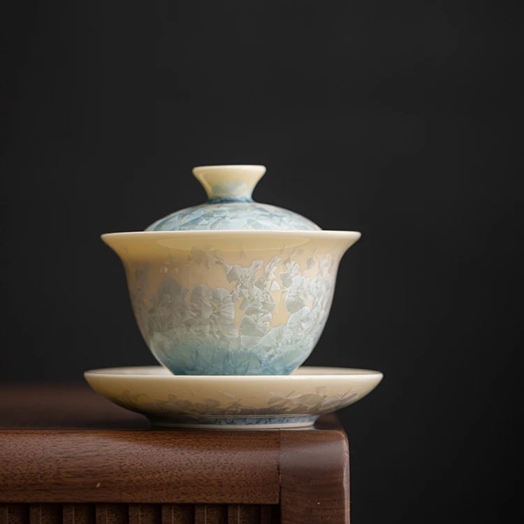 德化中式窑变结晶釉三才盖碗功夫茶具高档单个不烫手泡茶碗