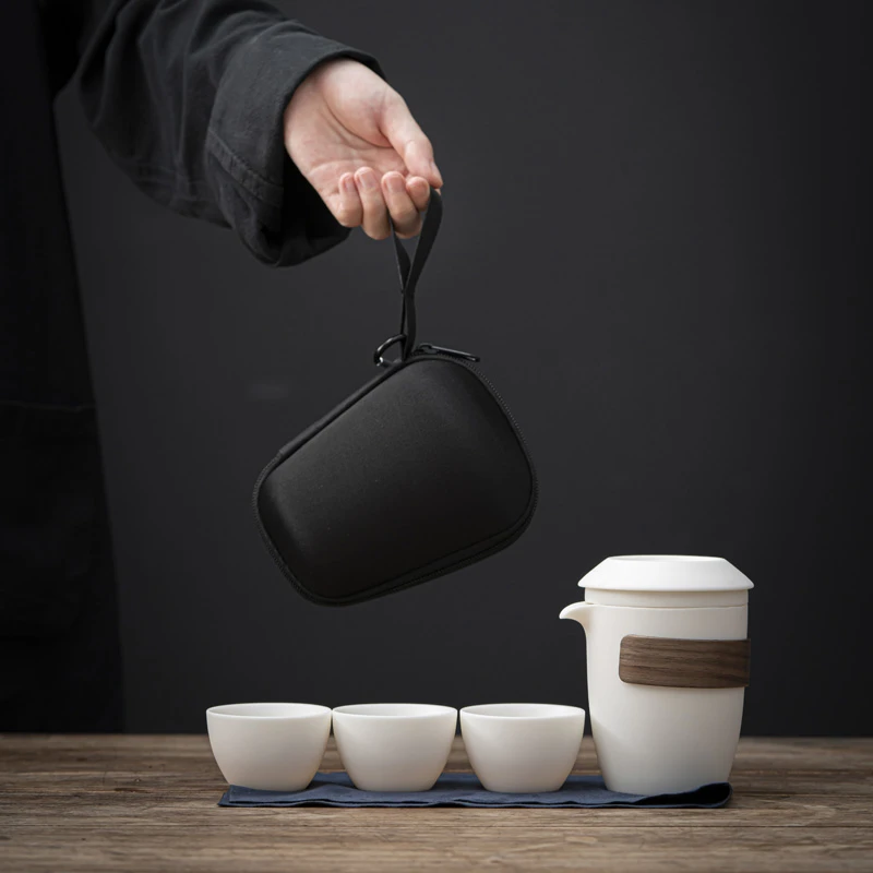 素烧羊脂玉白瓷快客杯一壶二杯泡茶壶功夫旅行茶具套装便携包收纳