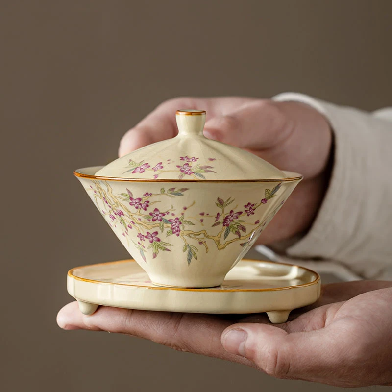 米黄汝窑斗笠盖碗茶杯大号高档功夫茶具家用办公室单个防烫泡茶器