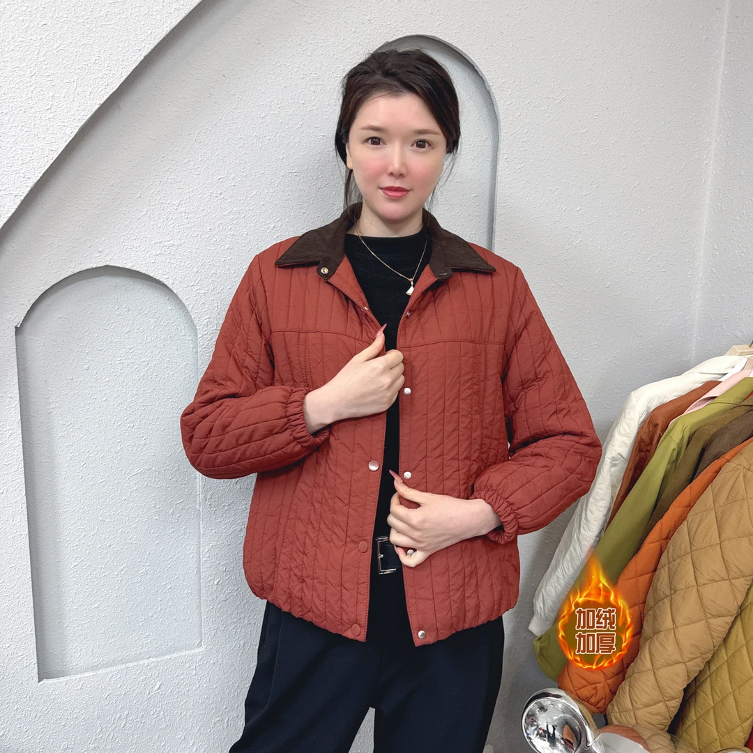 【妙晟】2024加绒加厚保暖竖条纹显瘦洋气棉衣外套女A113