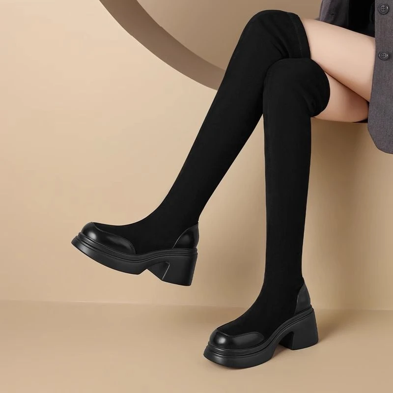 【断码清仓】过膝弹力长筒靴子小个子厚底粗腿显瘦瘦靴不掉筒百搭
