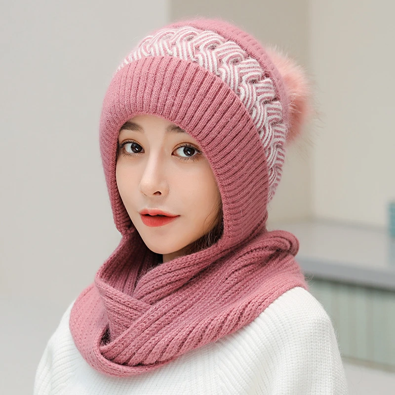帽子围巾一体围脖帽 女韩版冬季保暖 毛线帽 骑车护耳加绒针织帽