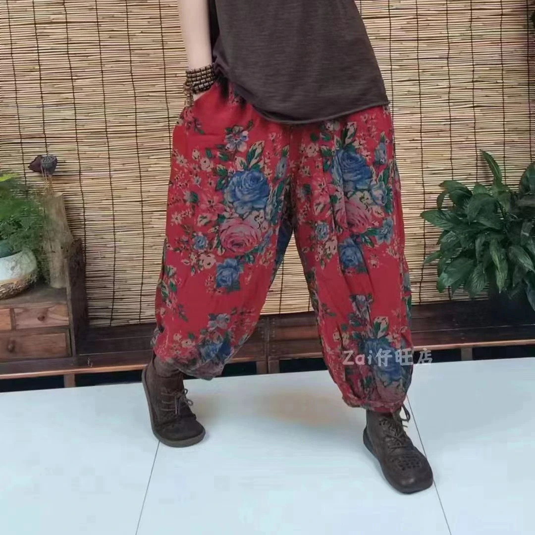 休闲宽松大码复古大花棉麻松紧腰灯笼裤阔腿裤