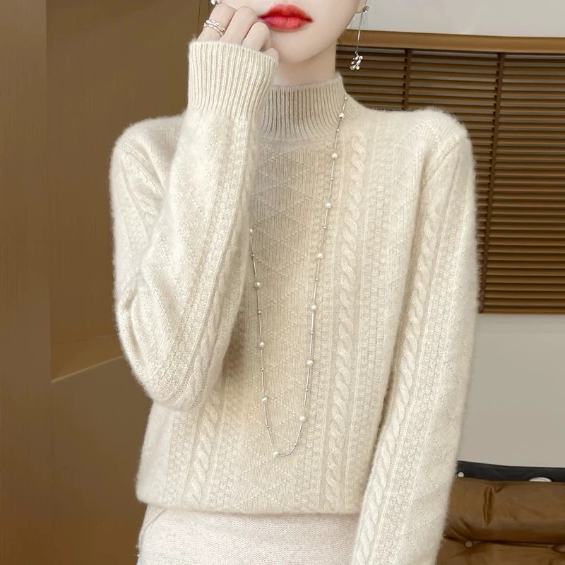 鄂尔多斯市羊绒衫加厚半高领女款打底衫内搭舒适针织衫宽松秋冬款