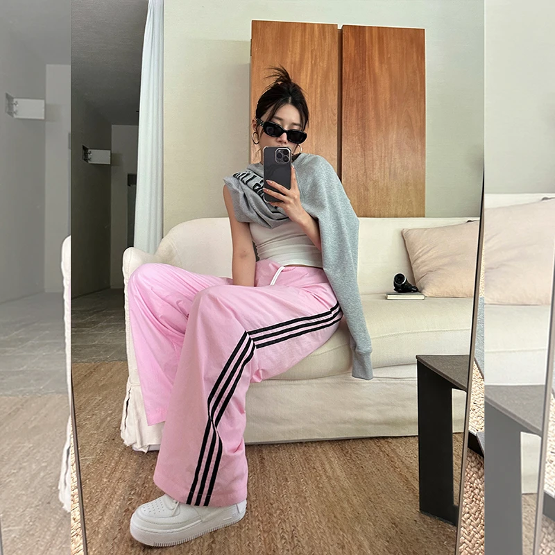 iLEFT左边女装高腰直筒长裤薄款裤子2023秋季新款运动条纹休闲裤