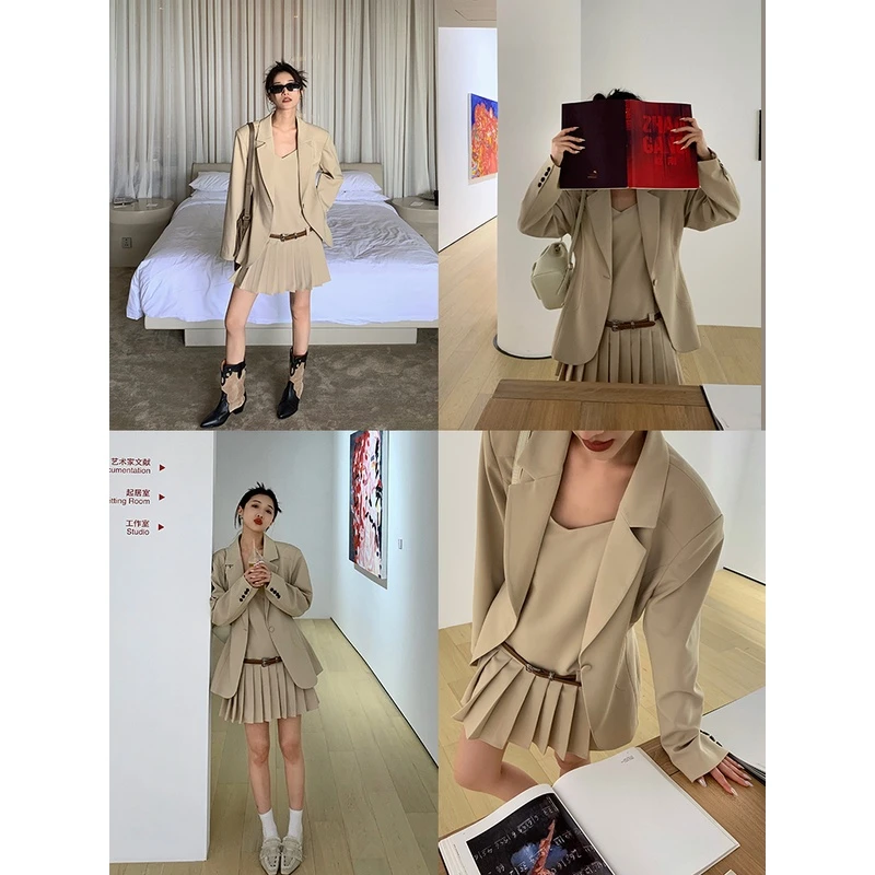iLEFT 左边女装2023春季西装气质时尚西服+百褶连衣裙套装