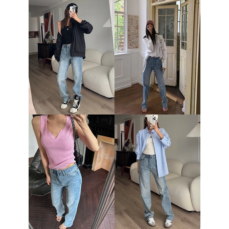 左边女装大头私服 直筒长裤新款毛边猫须水洗浅色牛仔裤