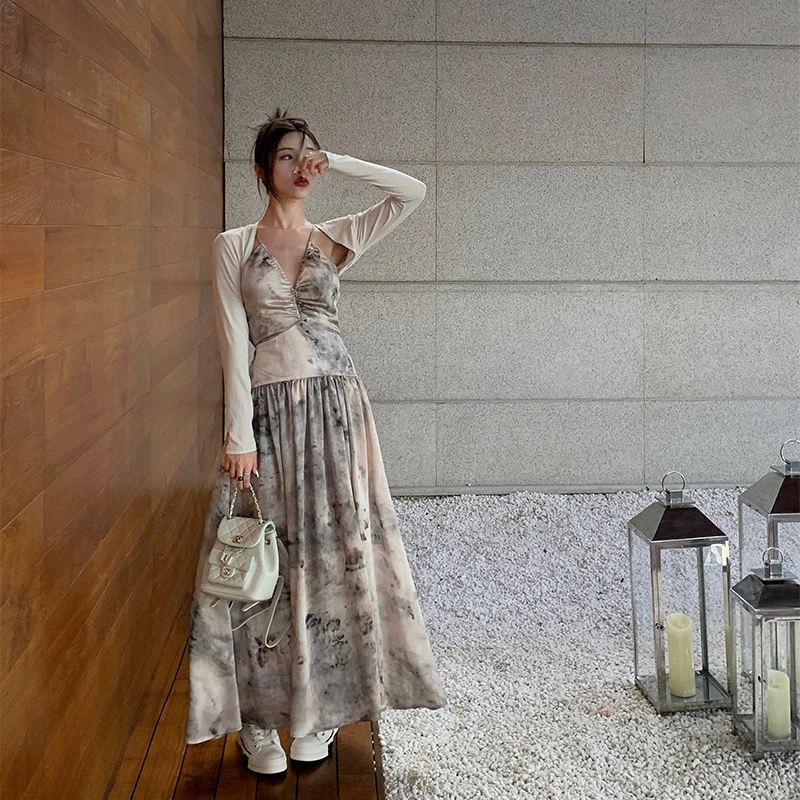 iLEFT3月新品 左边女装春季印花无袖连衣裙吊带伴侣披肩长袖Q7869