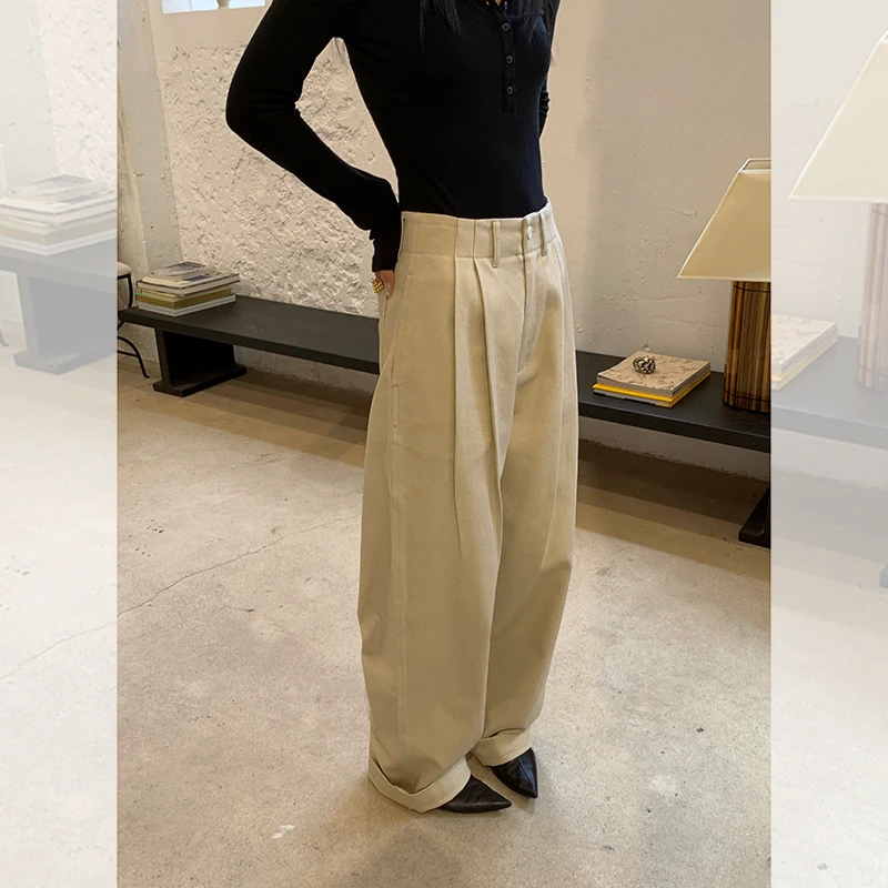 iLEFT左边女装坠感阔腿长裤2024秋季新款宽松直筒裤子 压褶休闲裤