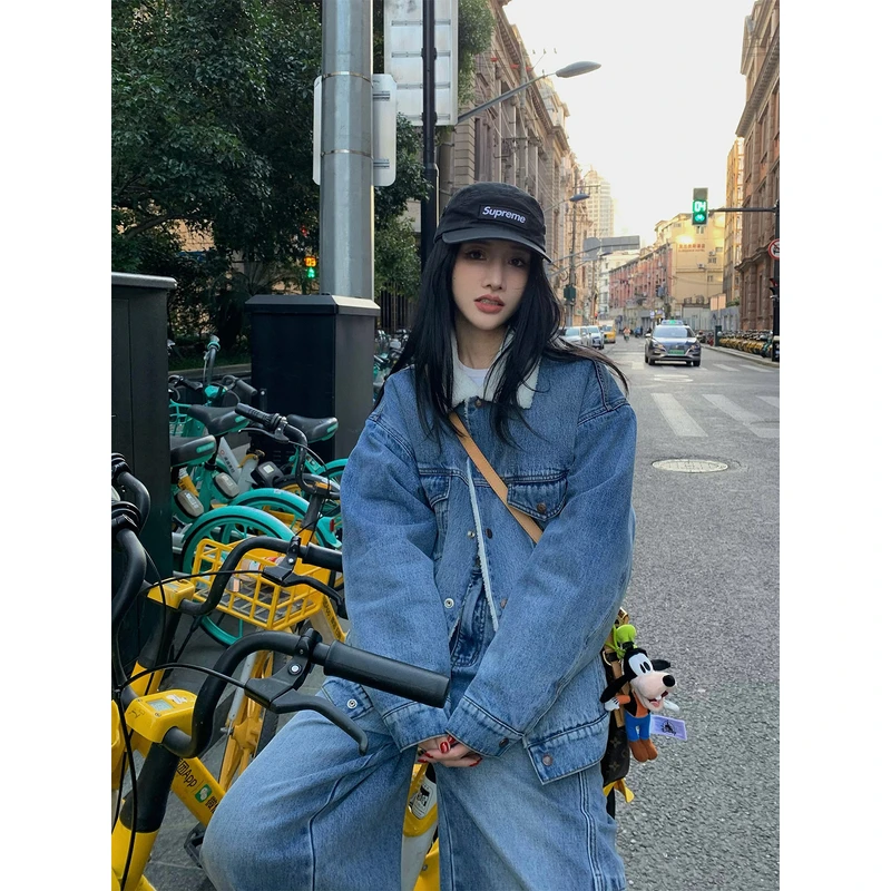 左边女装保暖上衣外套2024秋冬翻领牛仔外套