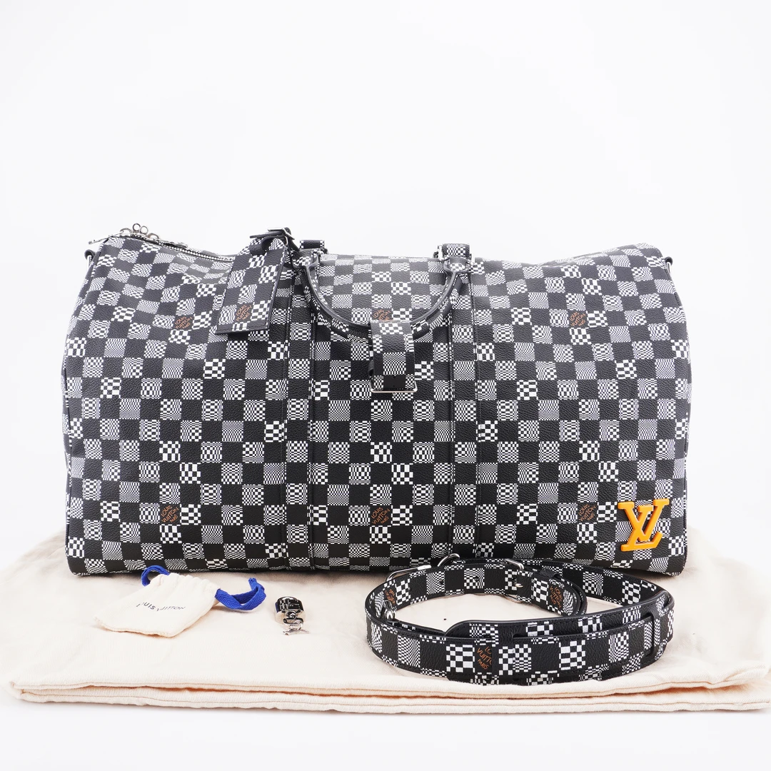 99新LV秀款Keepall 50棋盘格黑白拼色旅行袋50/29/22 E942