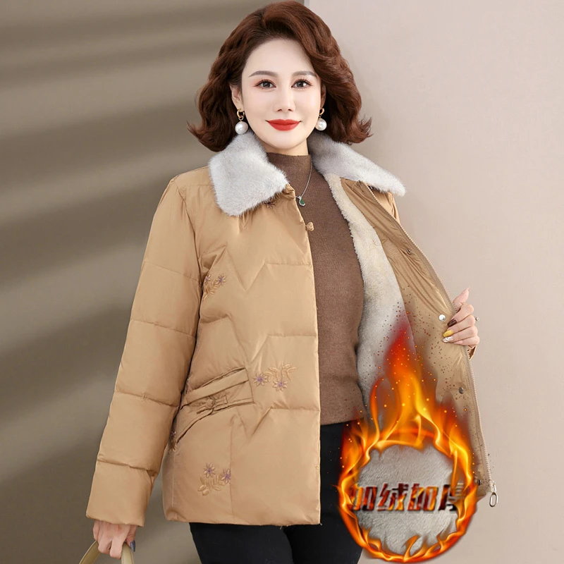 冬季中年妈妈装毛领棉服短款翻领加绒加厚中老年女装棉袄宽松上衣
