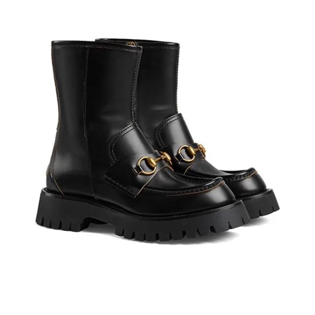 全新未使用 GUCCI/古驰 马撷扣时尚休闲厚跟款短靴女款黑色35.5码