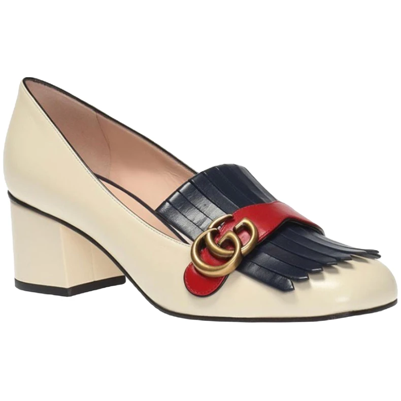 99新 GUCCI/古驰 MARMONT系列皮革女款高跟鞋米白色36.5码/未使用