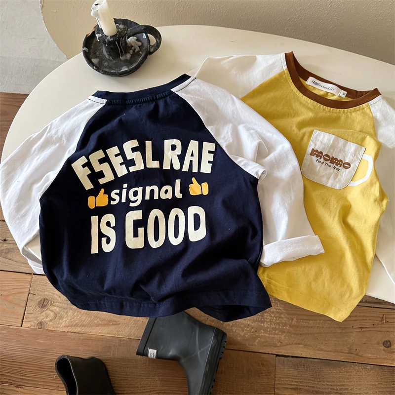 100纯棉字母口袋t恤儿童长袖打底衫男女童装春秋洋气宝宝撞色上衣