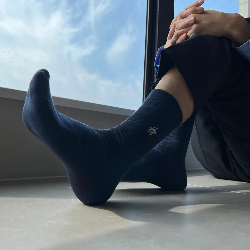 男士高腰商务抗菌防臭精梳棉高筒正装皮鞋正装黑袜男吸汗藏青色袜