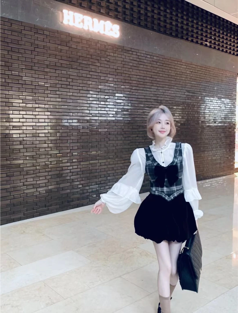 韩系气质减龄显瘦格纹马甲百搭衬衫半身裙套装女秋
