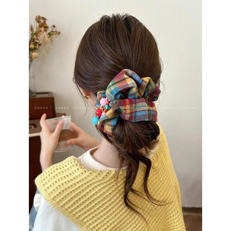 很特别的~秋冬彩色格子大肠发圈头绳2024新款高弹力扎发皮筋元旦