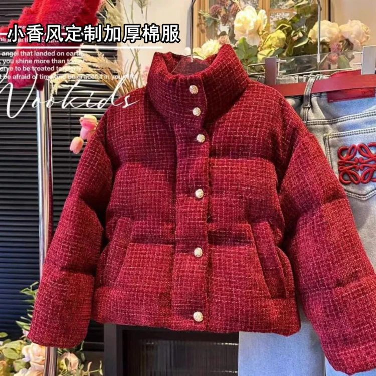 女童棉服小香风加厚红色棉衣2024新款冬季夹棉加绒外套儿童装冬装