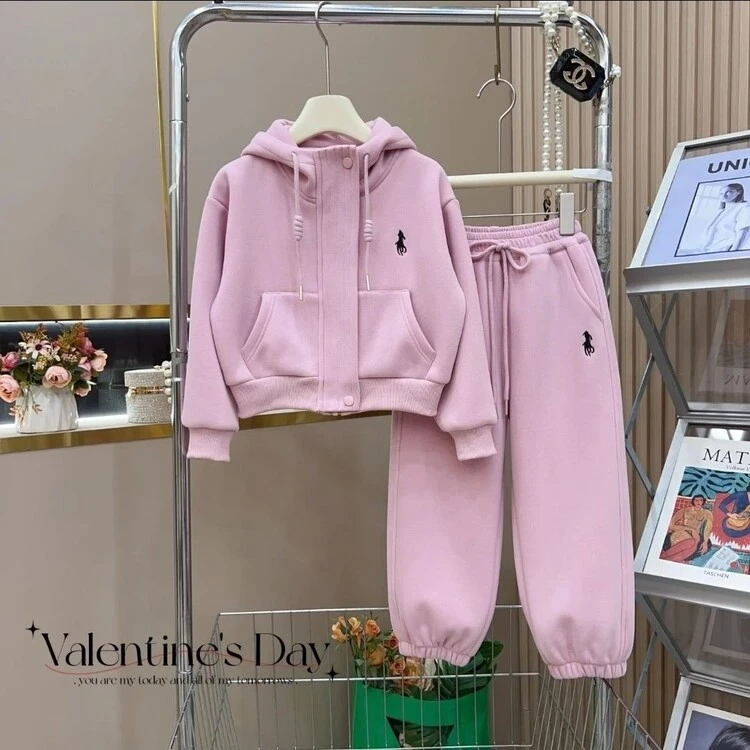 女童2024秋冬季新款时尚洋气加厚一体绒休闲连帽套装加绒两件套