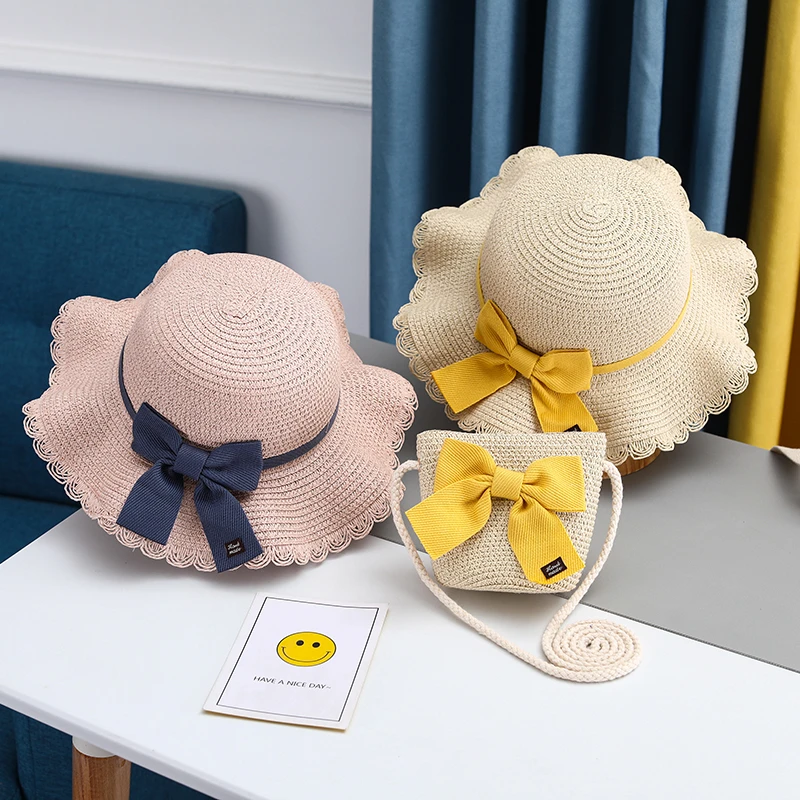 夏季小女孩遮阳草帽女童帽子女宝夏款沙滩儿童包防晒帽太阳渔夫夏