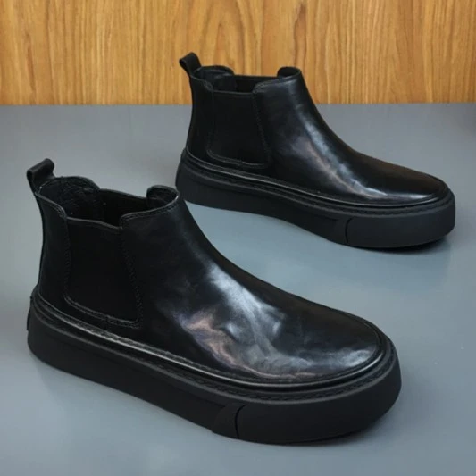 英伦圆头短靴韩版马丁靴低帮厚底潮鞋冬季男鞋高帮鞋真皮一脚蹬