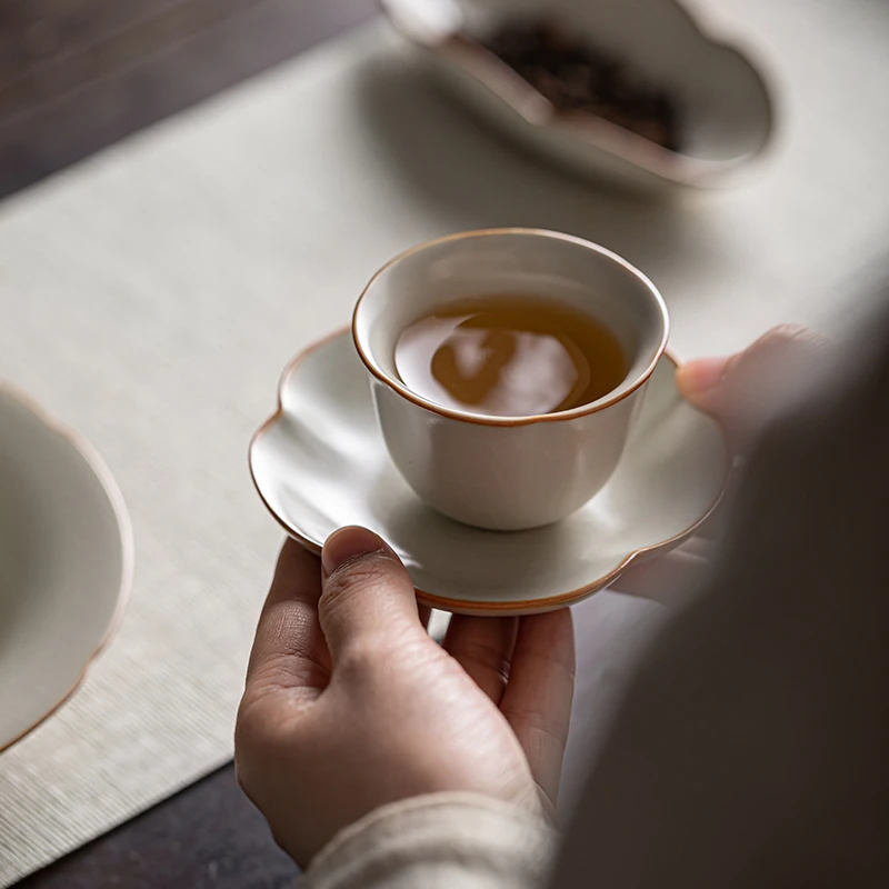 中式复古汝窑花瓣杯陶瓷茶杯家用汝瓷主人杯单杯个人杯茶具品茗杯