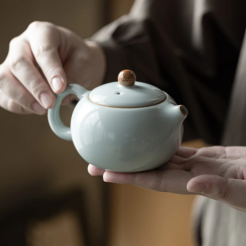 高端汝窑西施壶复古开片可养大号泡茶器家用陶瓷手工泡茶壶冰裂釉
