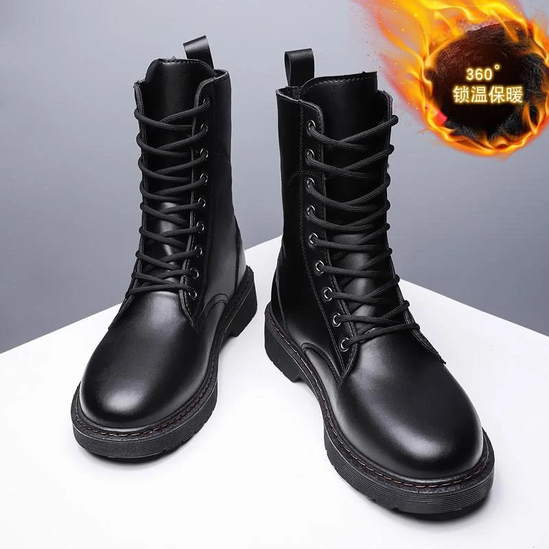 冬季马丁靴男长版鞋子男士雪地靴男款长靴防水皮靴加绒黑色靴子